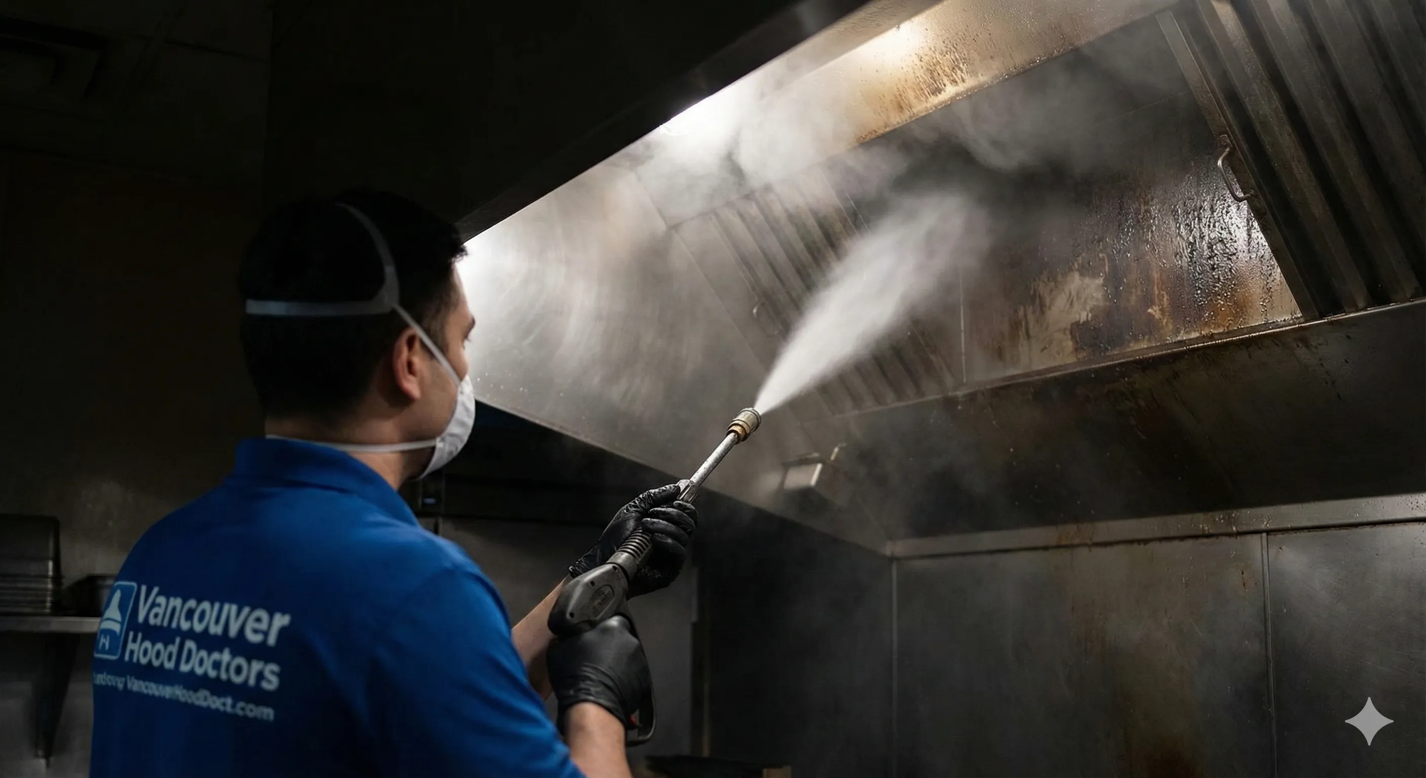 Vancouver Hood Doctors technician pressure-washing a commercial kitchen exhaust hood